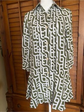 Zara Olive and White Geometric Button-Front Mini Dress